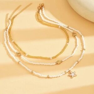 Bohemian Layered Starfish Shell Seed Bead Necklace Gold White Beach Jewelry Set